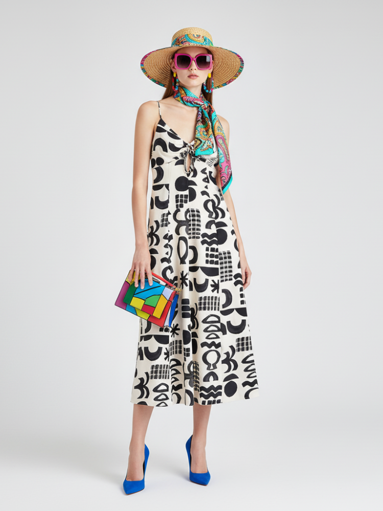 Woman wearing a patterned dress with a colorful hat and clutch on a white background