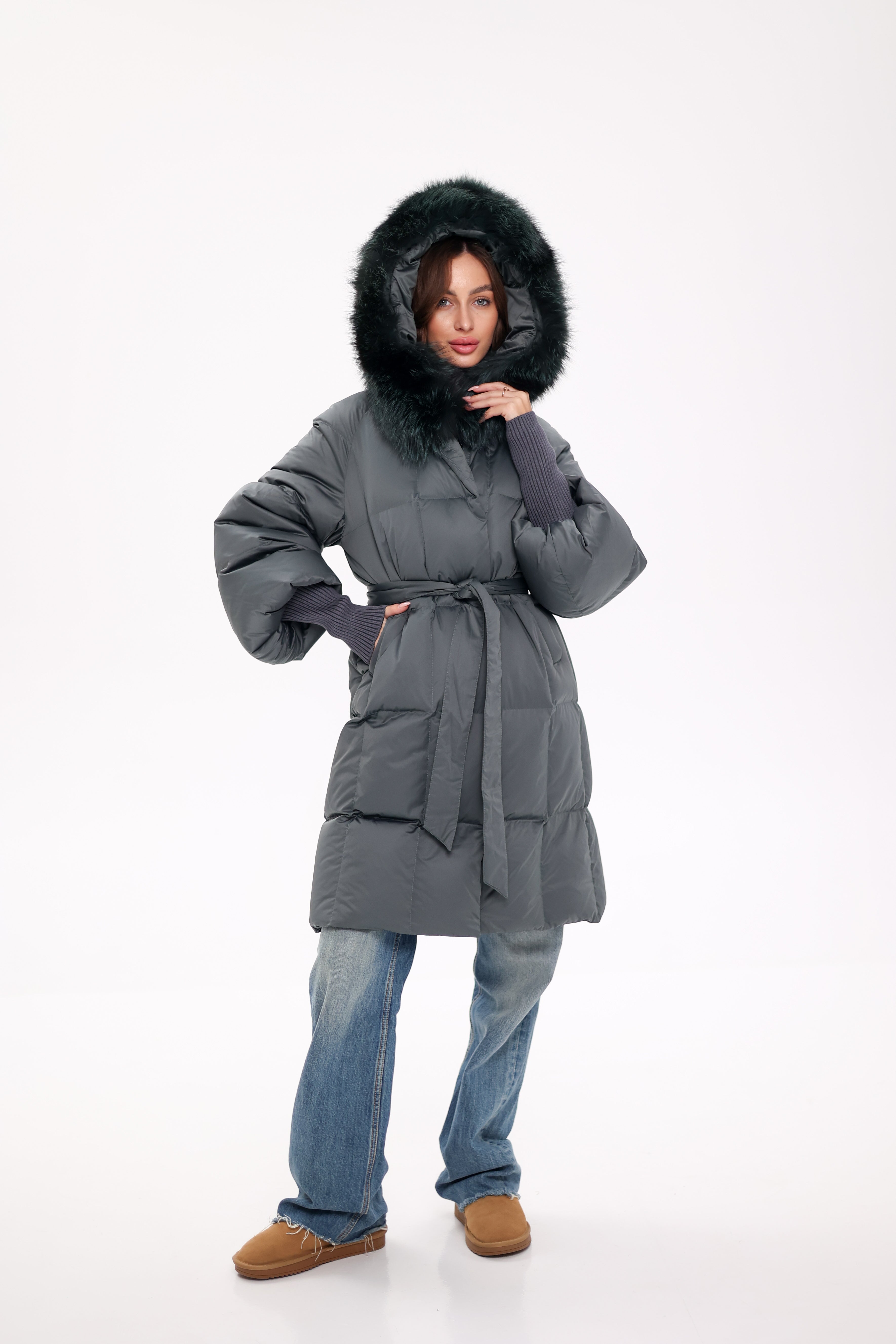 Genuine Silver Fox Fur Trim Down Coat in Forest Slate Alaska® Outerwear Company