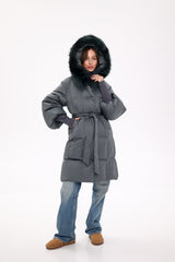 Genuine Silver Fox Fur Trim Down Coat in Forest Slate Alaska® Outerwear Company