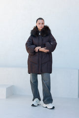 Celeste Genuine Fur Trim Down Fill Coat in Fig