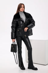 Eco Leather Alpaca Collar Down Jacket