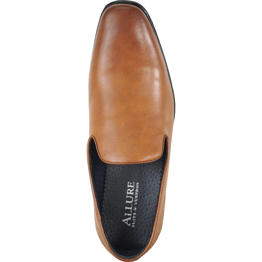 Brown leather shoe with 'Allure Suits & Wear' branding on a white background