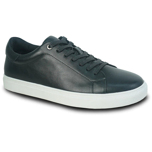 Black leather sneaker with white sole on a white background