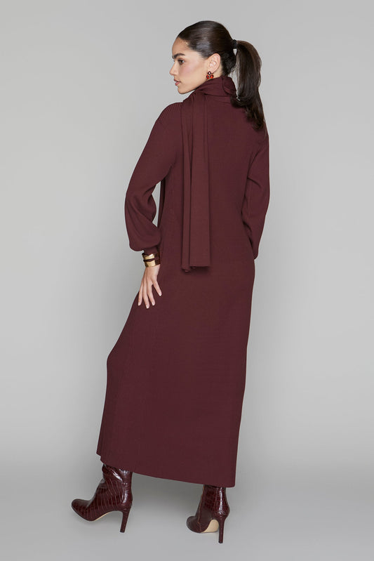 Woman wearing a burgundy dress with a plain background