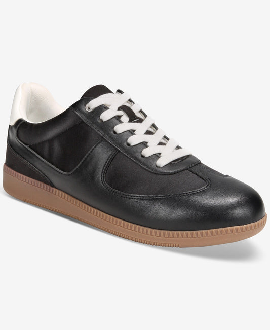 Black leather sneaker with white laces and brown sole on a white background