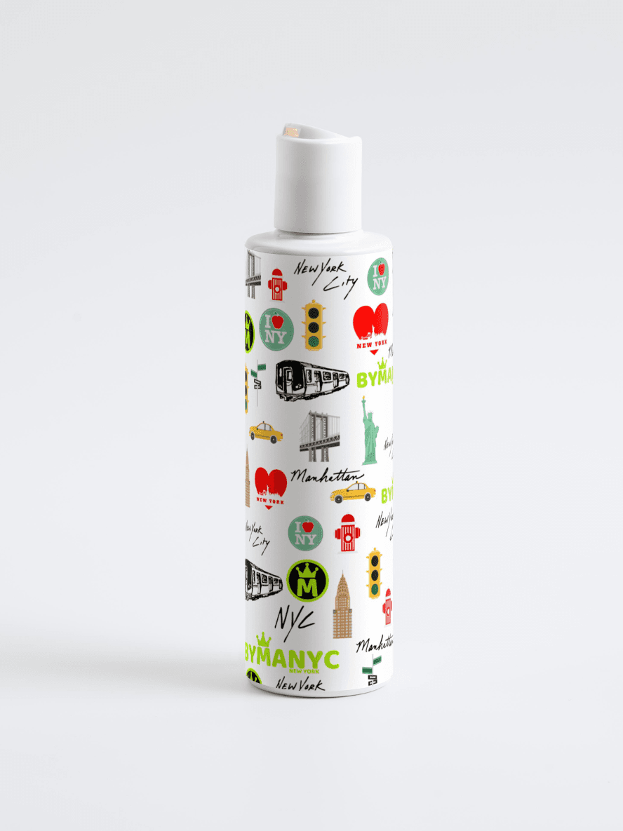 White bottle with colorful New York-themed graphics on a white background