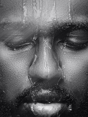 Close-up of a person's face with water droplets on a glass surface