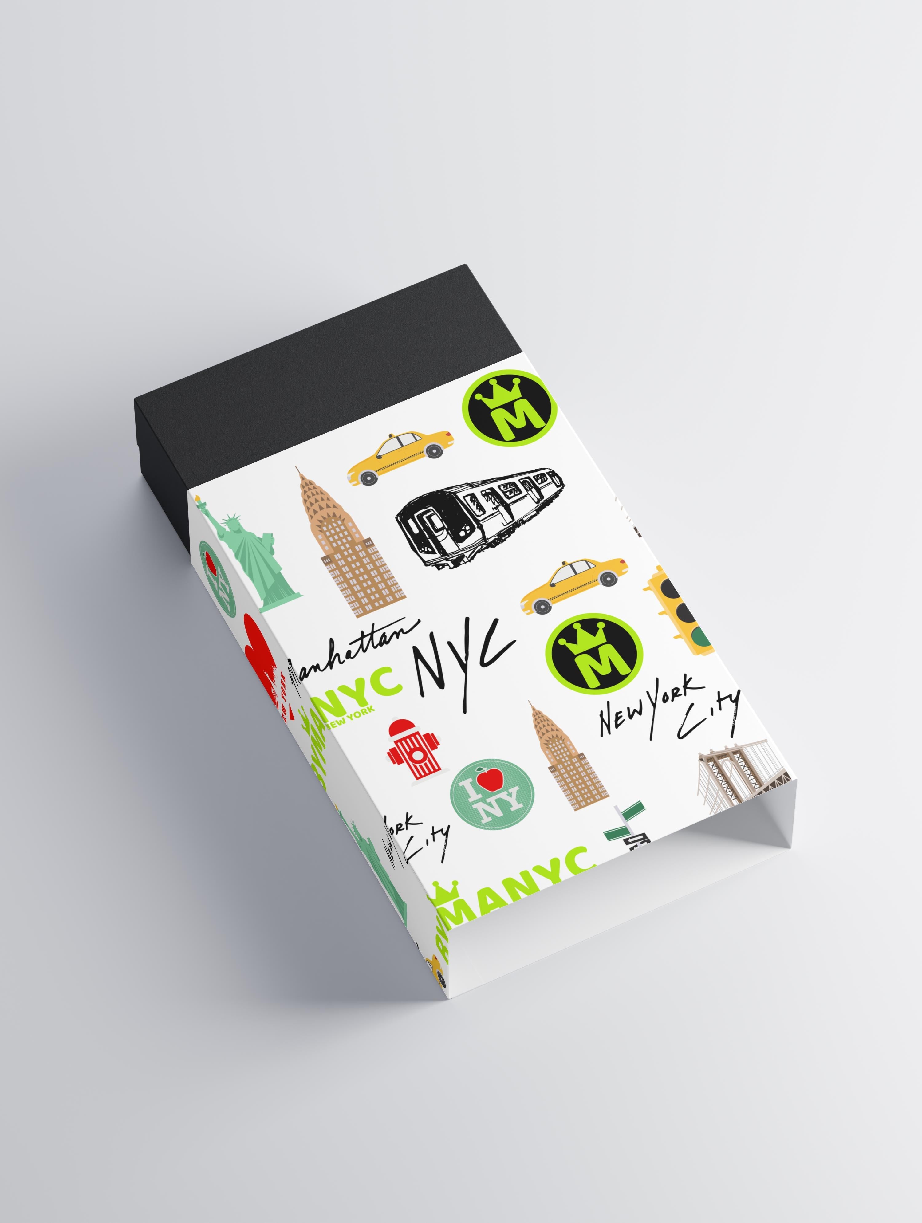 Notebook with New York City-themed design on a white background