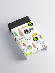 Notebook with New York City-themed design on a white background