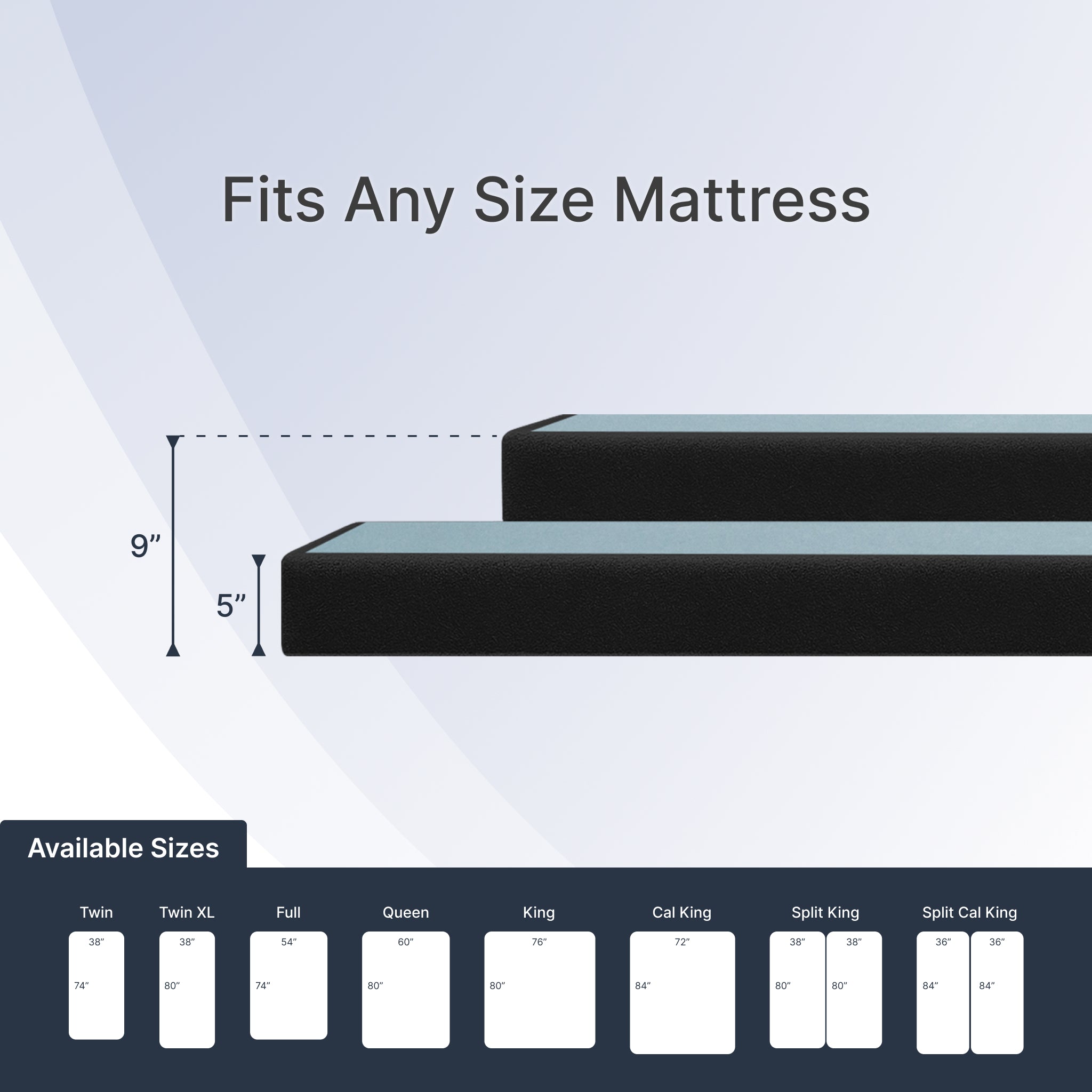 Black mattress topper with dimensions and size chart on a light gray background