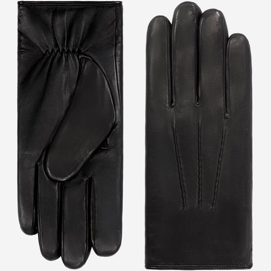 Pair of black leather gloves on a white background