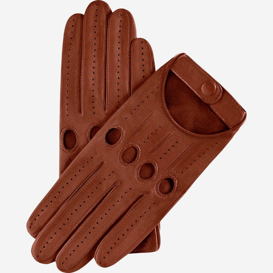 Pair of brown leather gloves with button on a white background