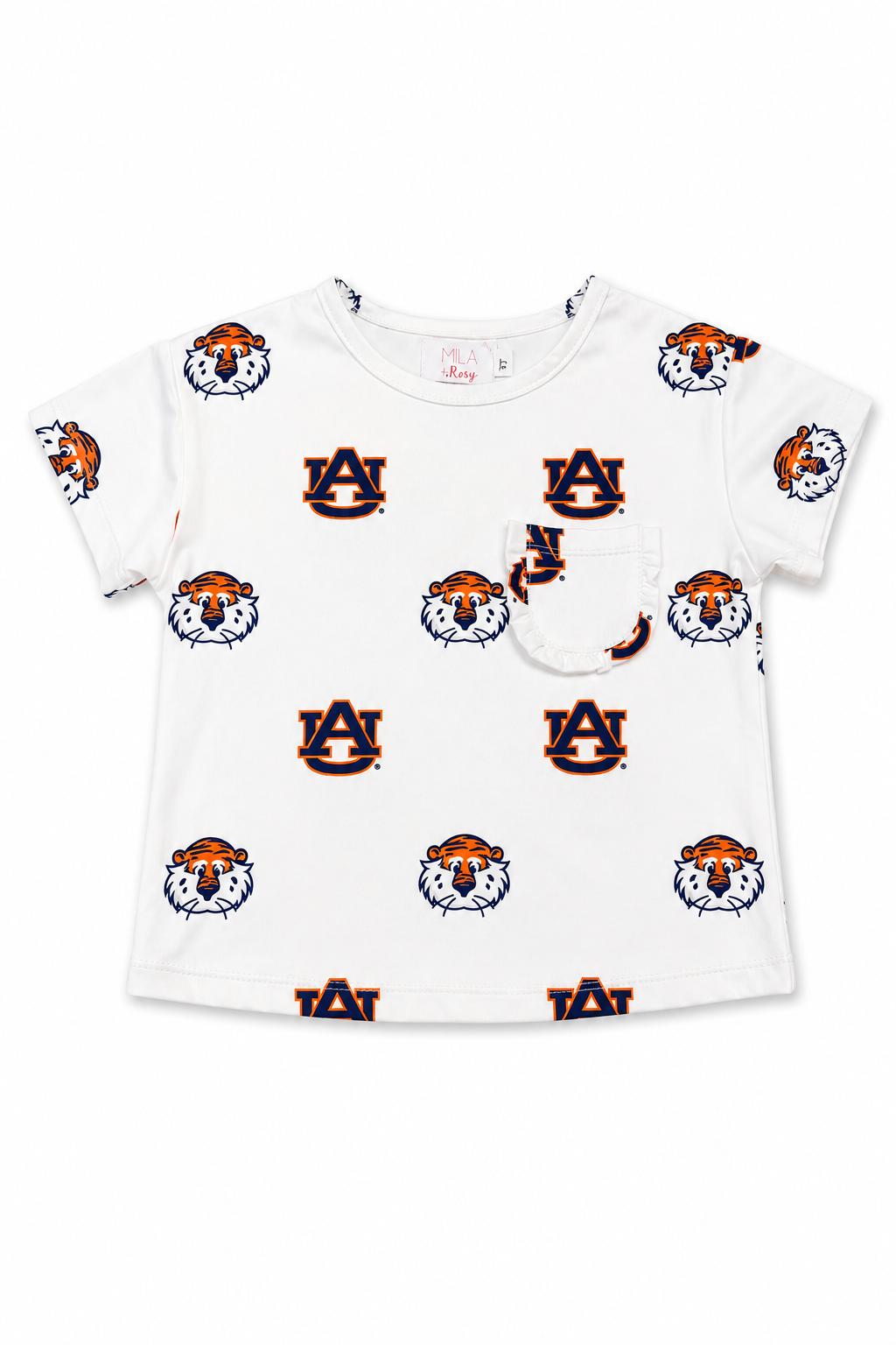 White t-shirt with Auburn University logo and tiger face pattern on a white background