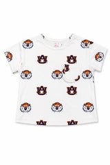 White t-shirt with Auburn University logo and tiger face pattern on a white background