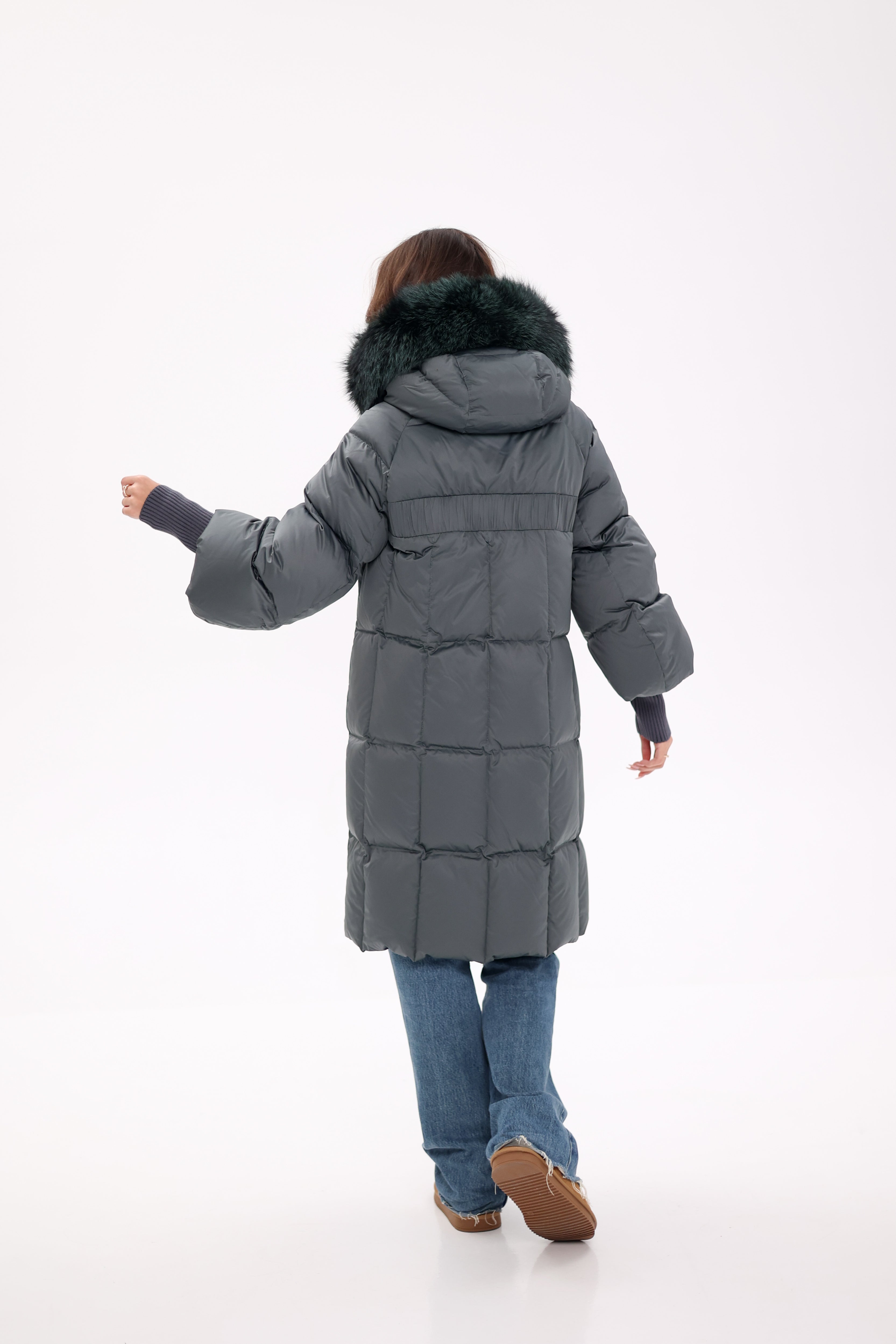 Genuine Silver Fox Fur Trim Down Coat in Forest Slate Alaska® Outerwear Company