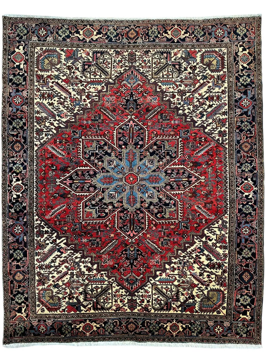 Hand-Knotted Persian Heriz Wool Rug – 9’ x 12’ – Geometric Medallion Design Rugistan