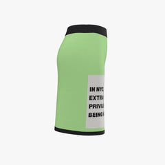 Green knee-high sock with black top and bottom, featuring text on a white background