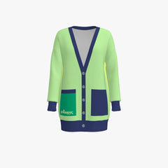 Green cardigan with navy accents on a white background