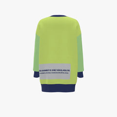 Green and blue sweater with a visible brand label on a white background