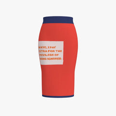 Red skirt with a white patch featuring text on a white background