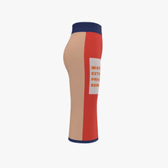 Color-blocked knee-high sock with text on a white background