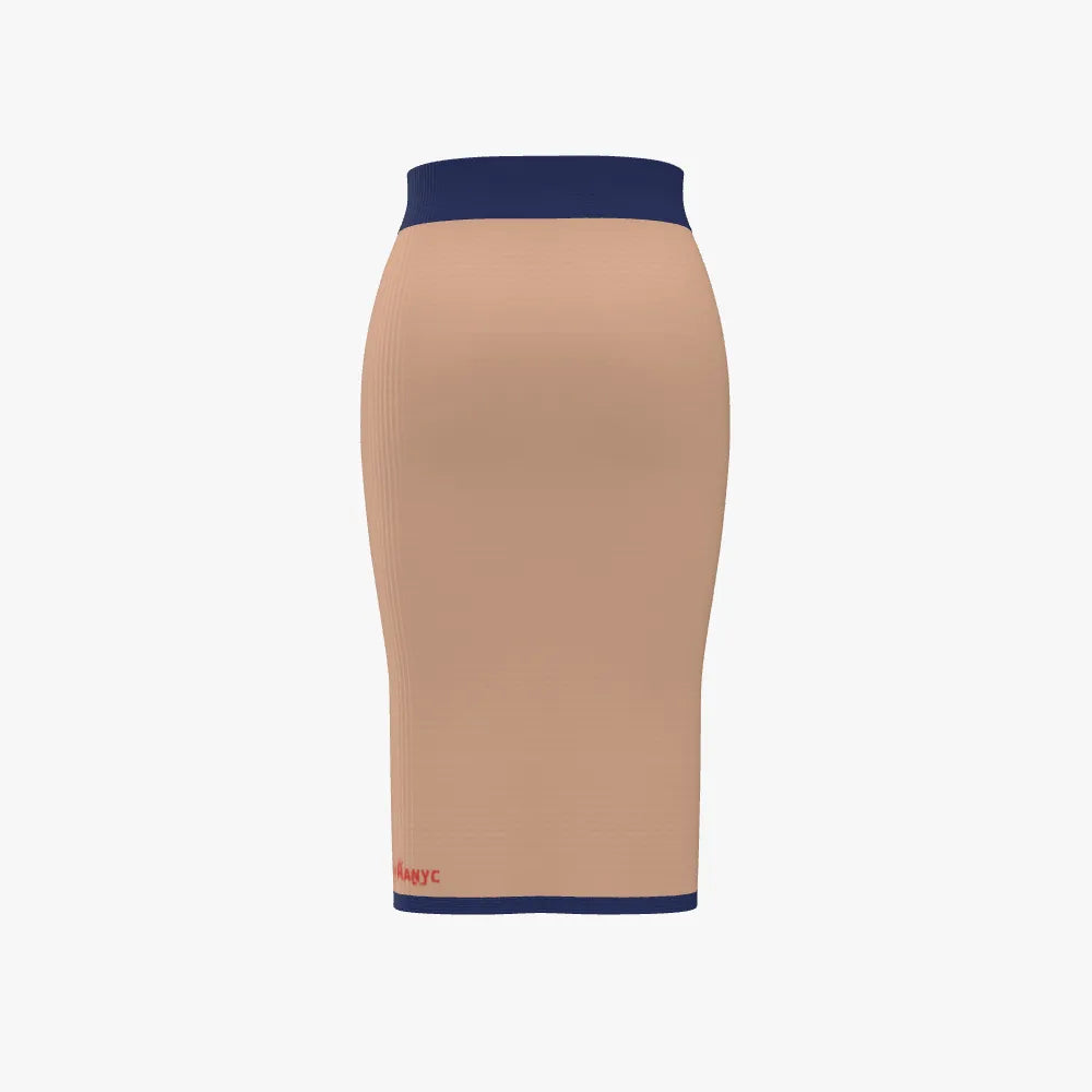 Beige pencil skirt with navy band on a white background