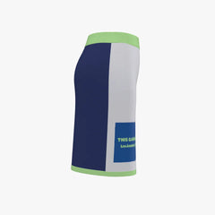 Color-blocked sleeve with green, blue, and white sections on a white background