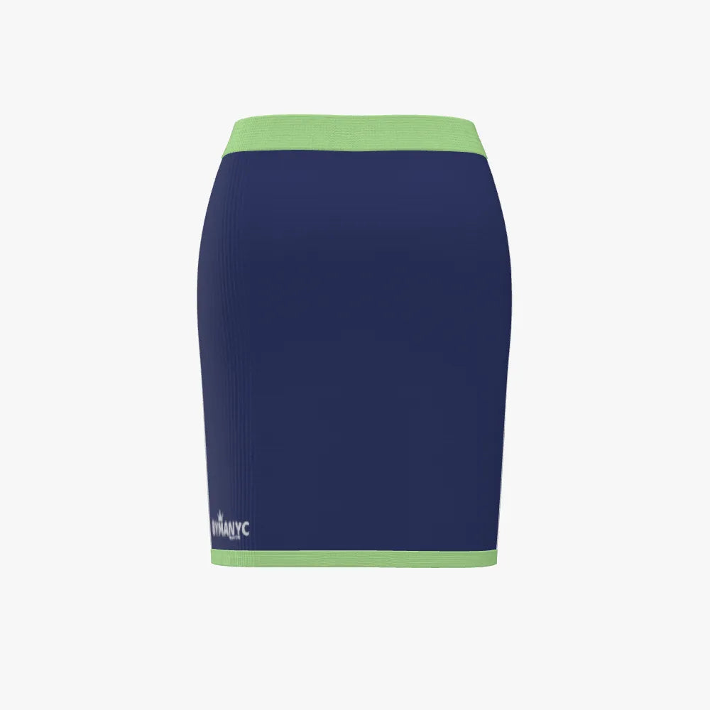 Navy blue skirt with green trim on a white background