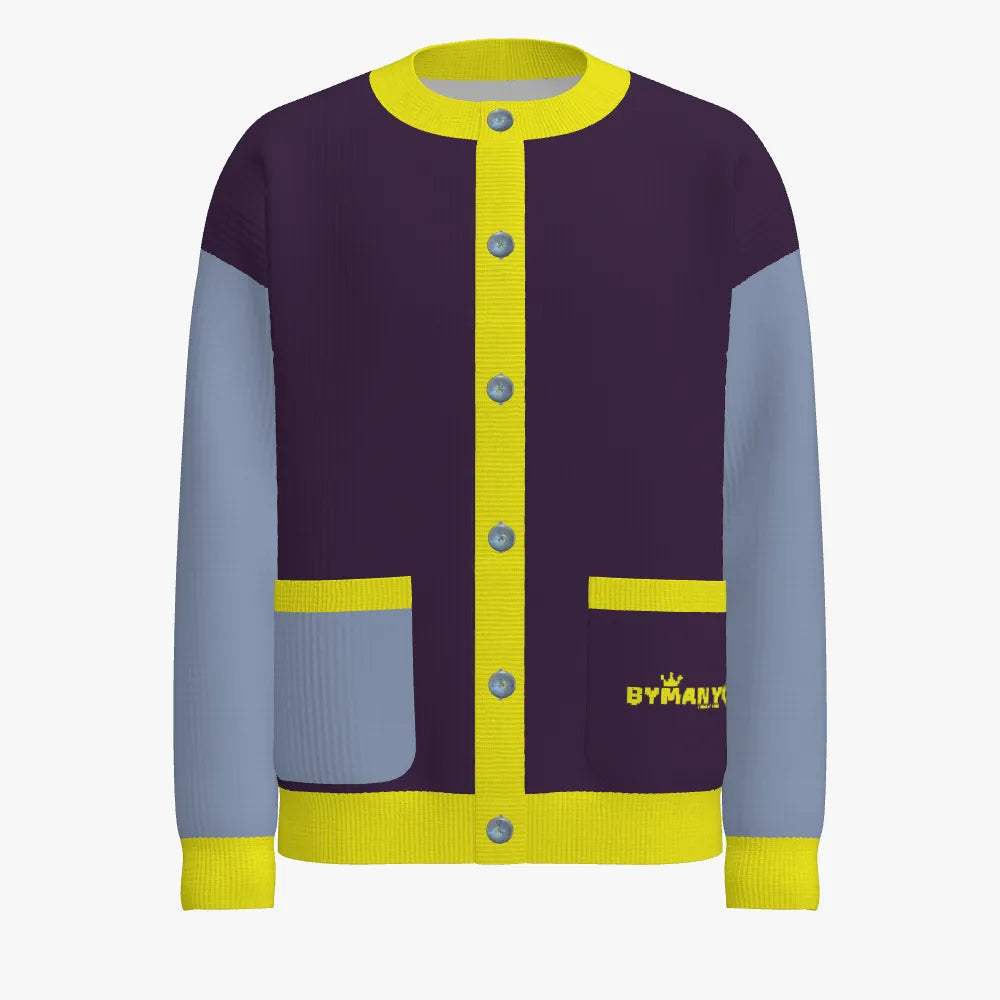 Colorful cardigan with a brand logo on a white background