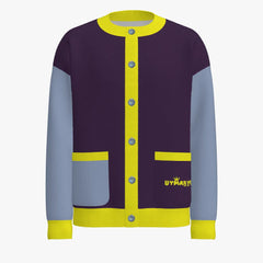 Colorful cardigan with a brand logo on a white background