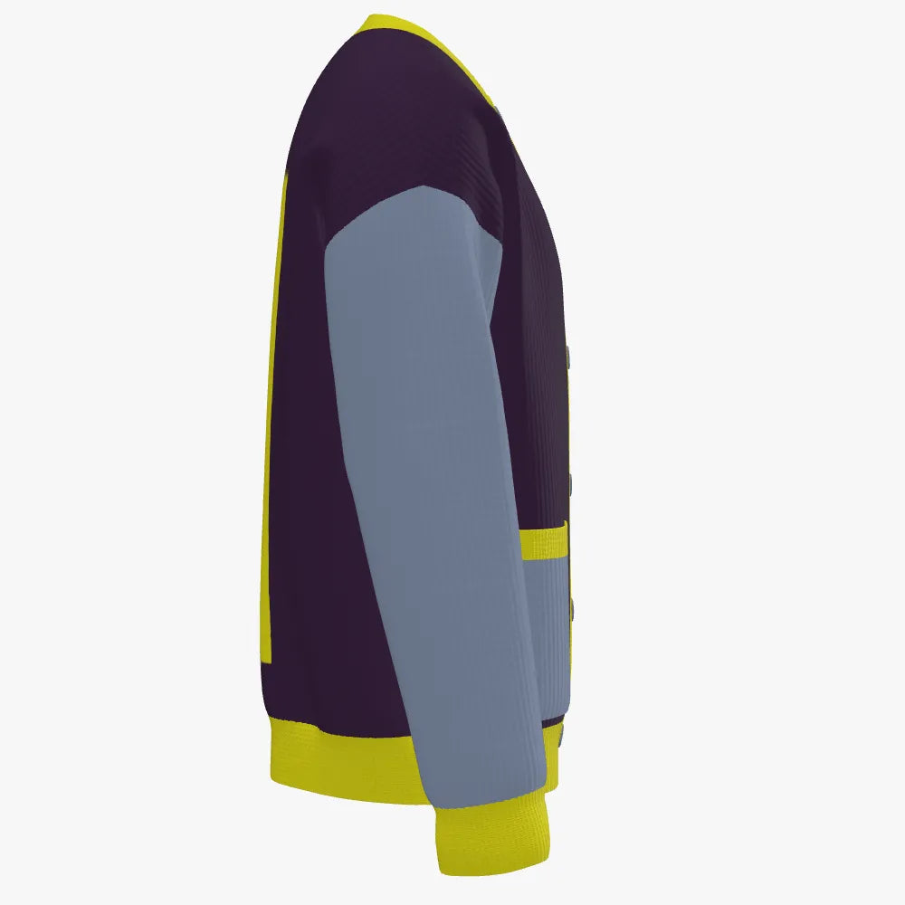 Color-blocked sweater with purple, gray, and yellow sections on a white background