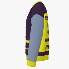 Sweatshirt with purple, gray, and yellow design on a white background