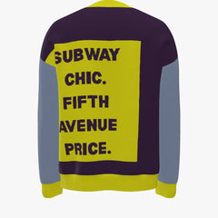 Sweater with 'Subway Chic. Fifth Avenue Price.' text on a yellow and purple background