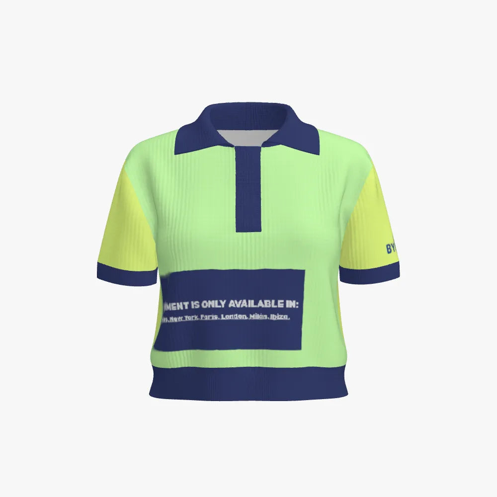 Neon green and navy polo shirt on a white background