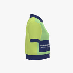 High-visibility shirt with blue and green color scheme on a white background