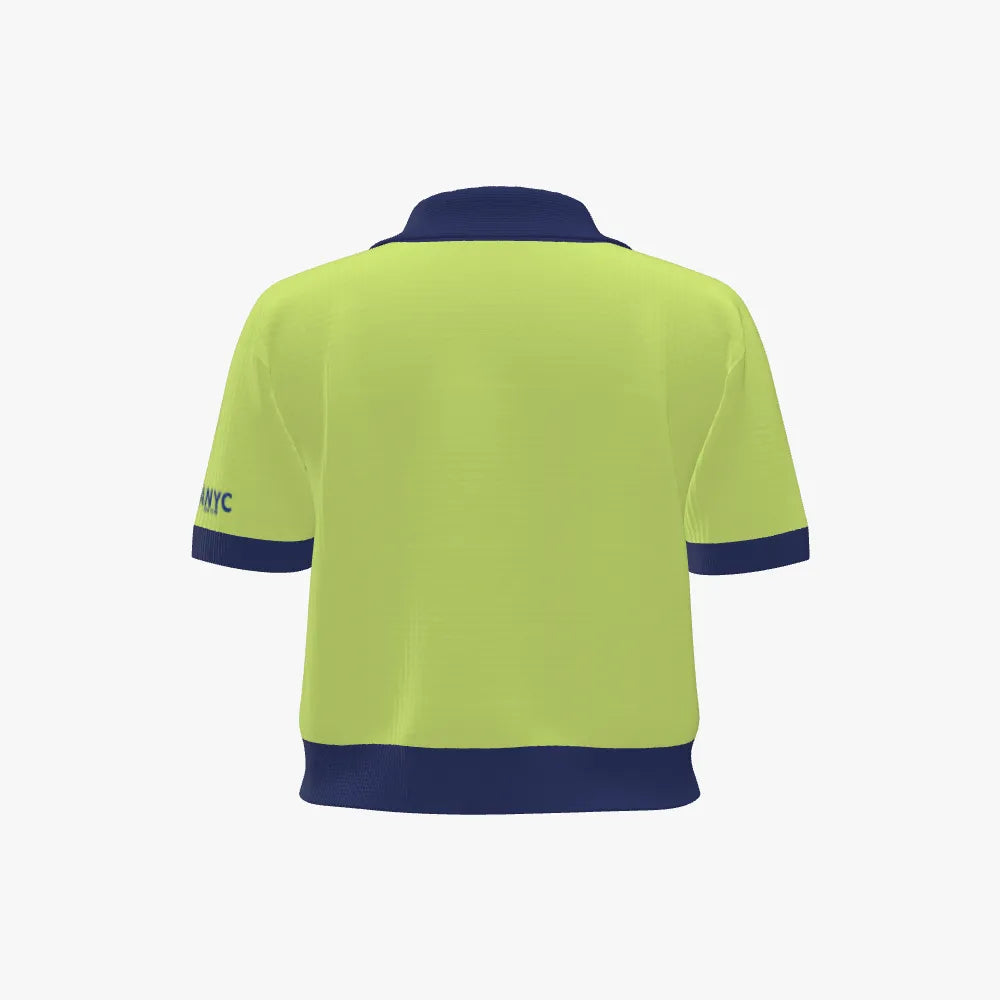 Green polo shirt with navy accents on a white background