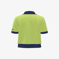 Green polo shirt with navy accents on a white background
