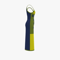 Blue and yellow dress with branding on a white background