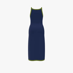 Navy blue dress with green trim on a white background