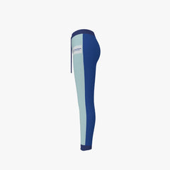 Blue and light blue leggings with a brand logo on a white background