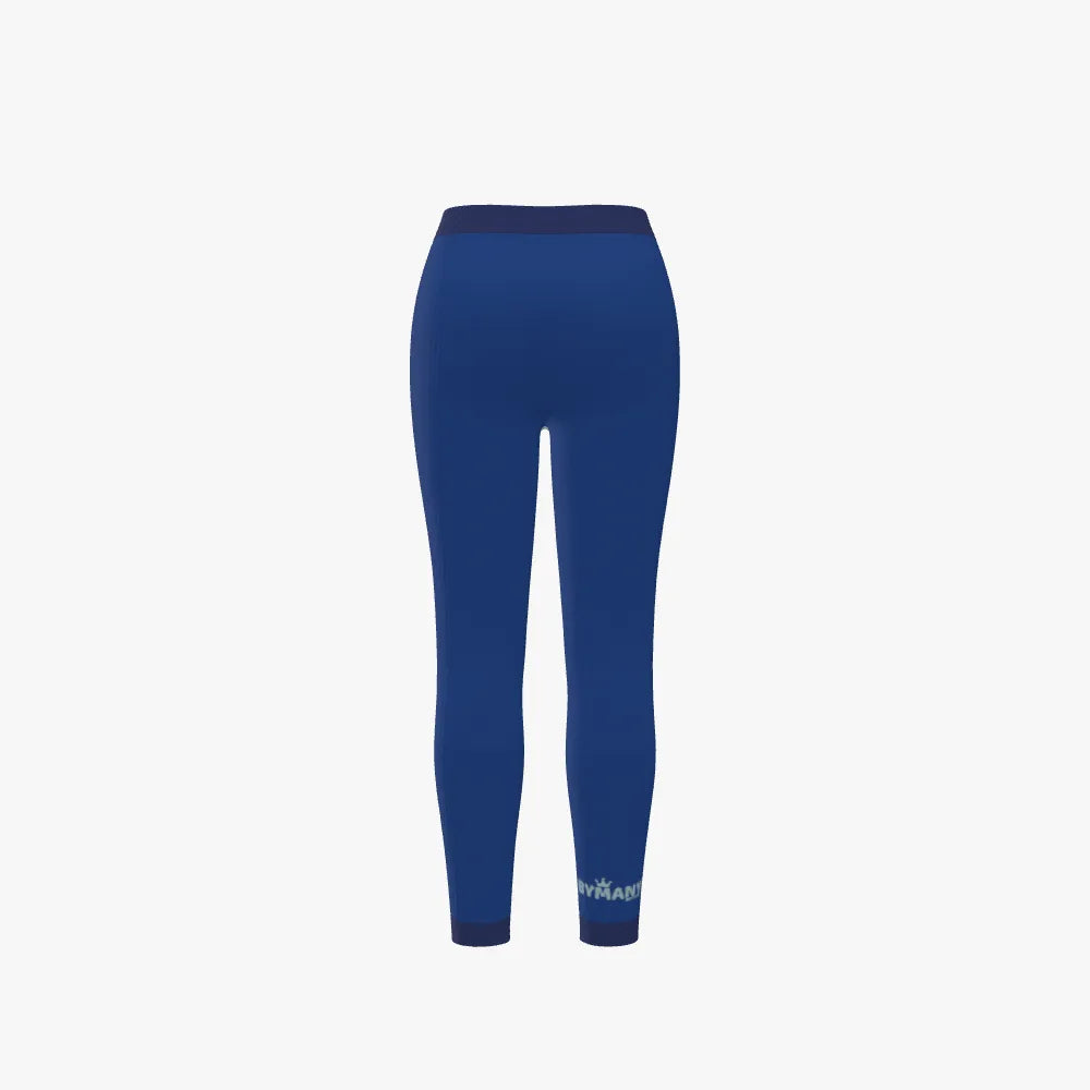 Blue leggings with a brand logo on a white background