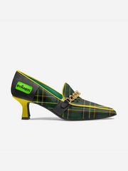 Green and yellow plaid high-heeled shoe with gold chain detail on a white background