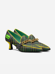 Green plaid shoes with gold chain detail on a white background