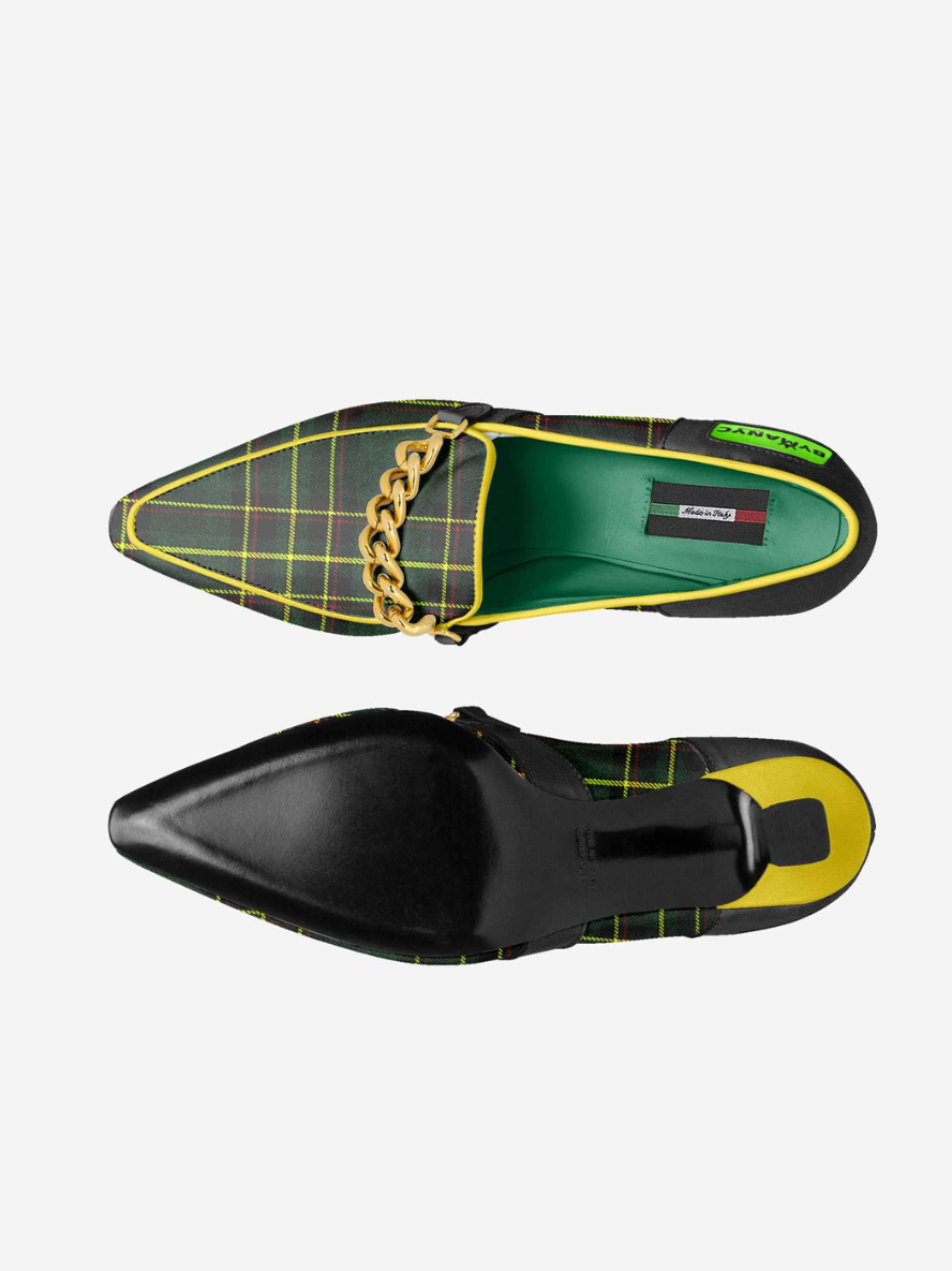 Black and green checkered loafers with gold chain detail on a white background