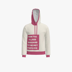 White hoodie with pink text on a white background