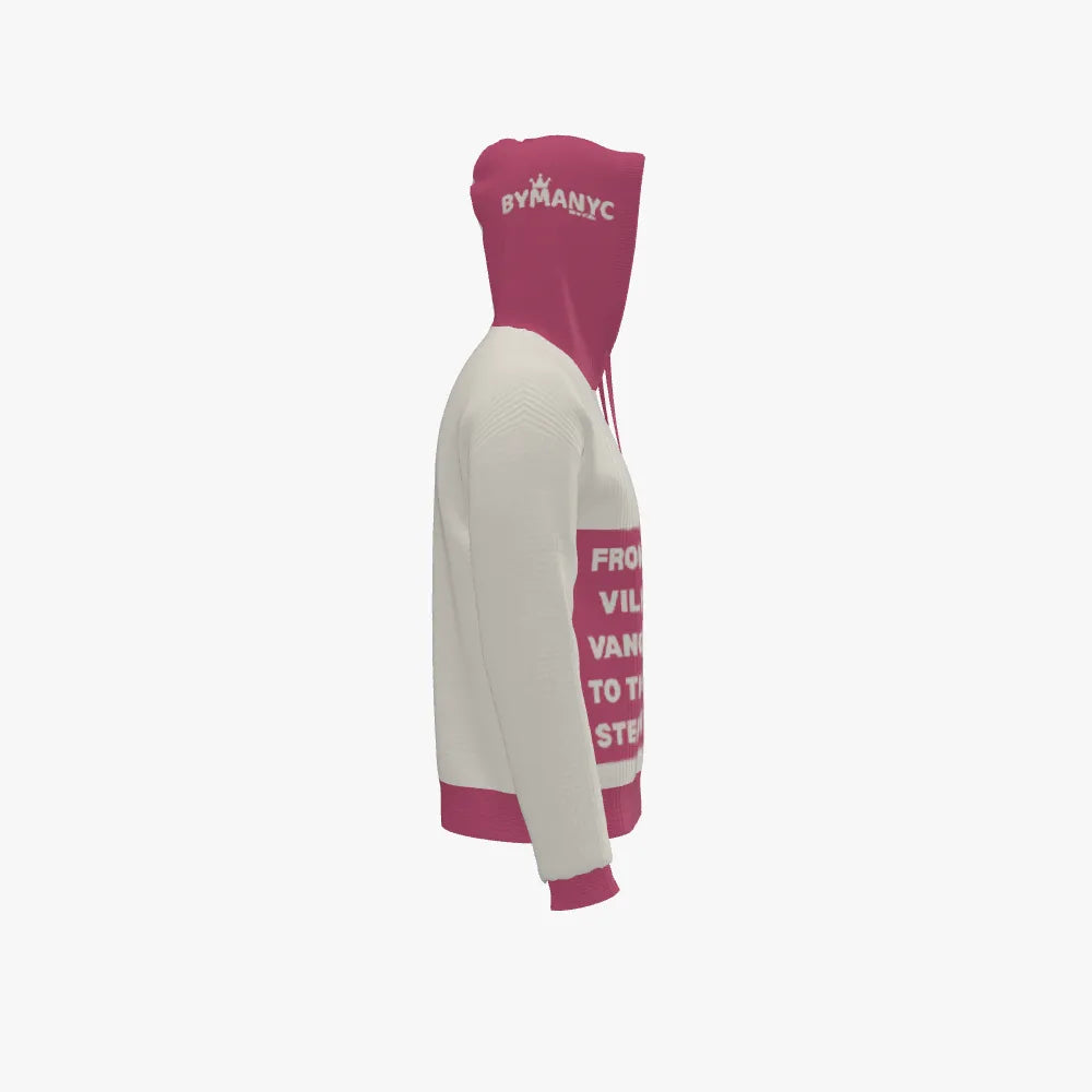 Pink and white hoodie with text on a white background