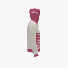 Pink and white hoodie with text on a white background