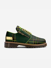 Green plaid shoe with a zipper on a white background