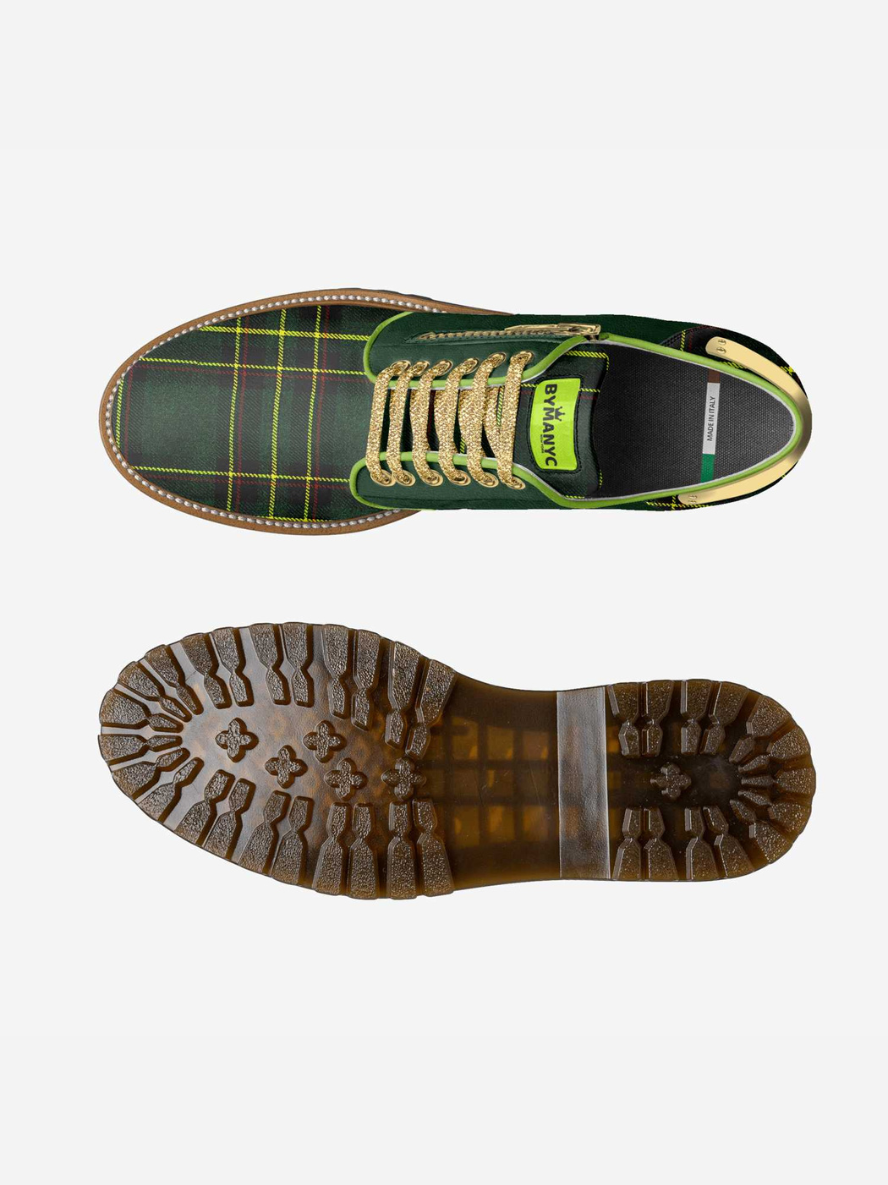 Top and bottom views of a green plaid shoe on a white background