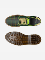 Top and bottom views of a green plaid shoe on a white background